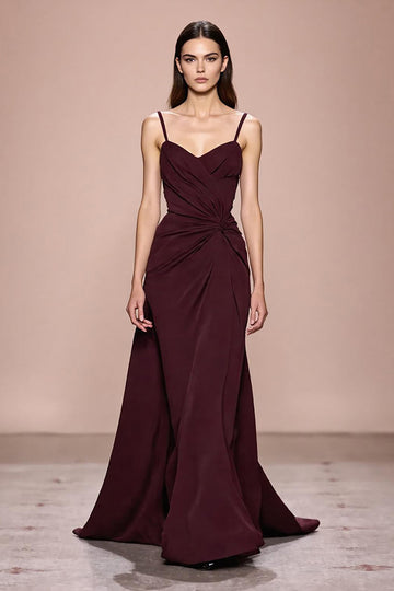 Robe de soirée longue à bretelles spaghetti froncées rouge foncé